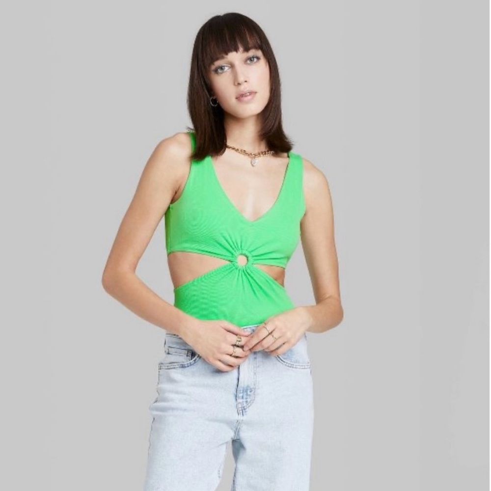 Wild Fable Side Cut Out Tank Bodysuit  Wild Fable Vibrant Green Keyhole